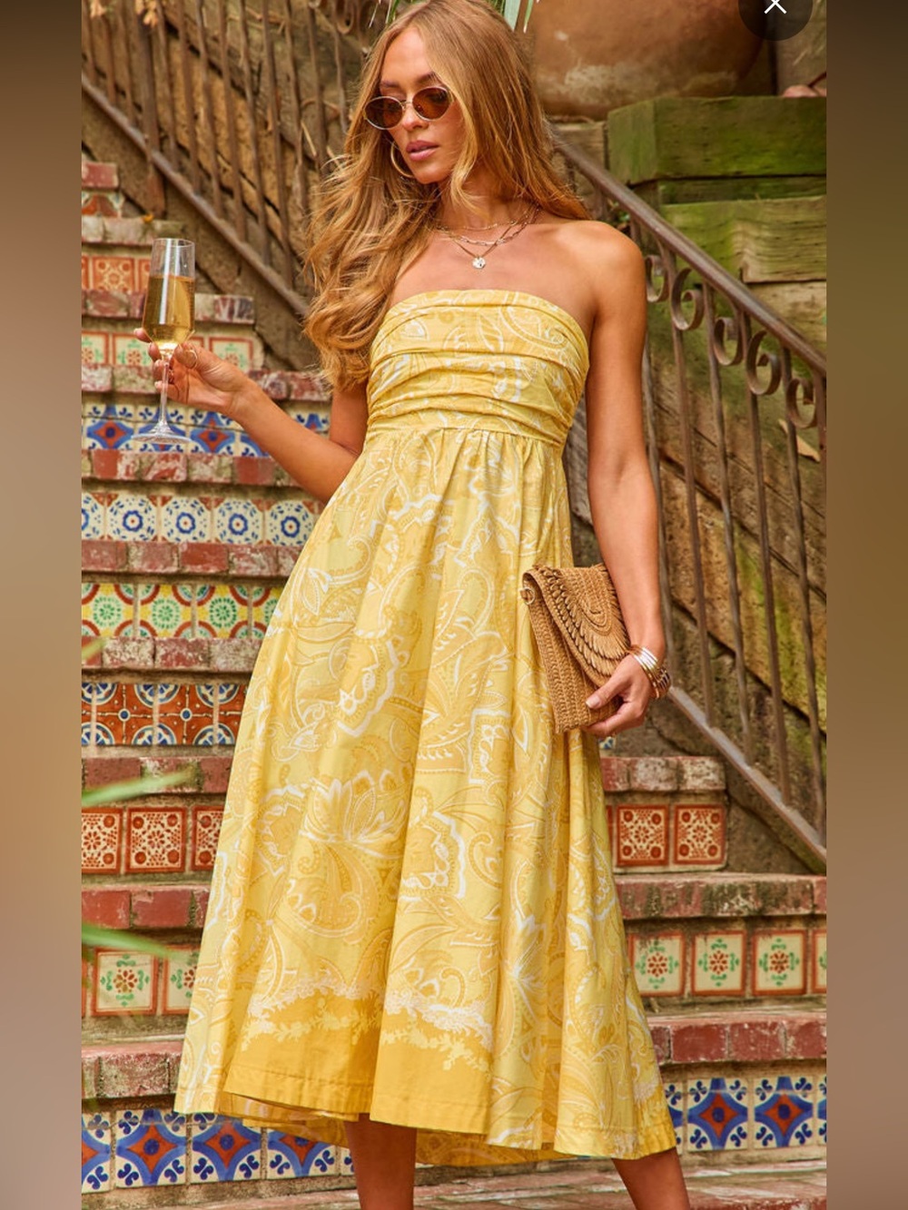 VICI Strapless Yellow Paisley Midi Dress – Size Small – Like New